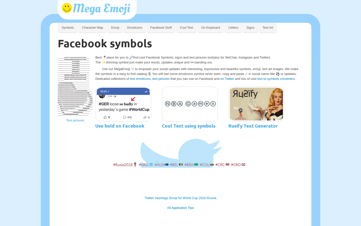 Facebook Symbols (cool text signs, emoticons, text pictures tool & Smiley) 页面快照